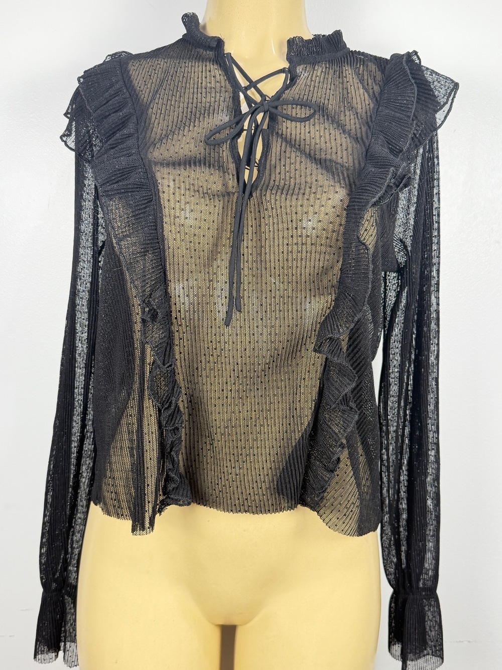 New MNG Mesh Whimsygoth Top Sz L Sheer Polka Dot Ruffle Shirt Goth Dark Romantic